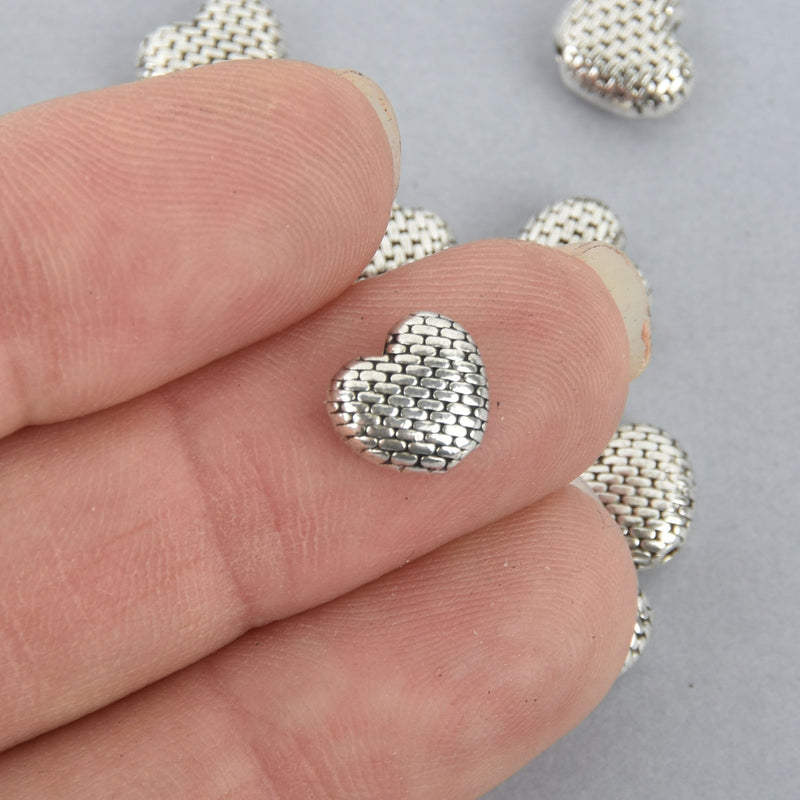 25 Silver Heart Beads, Textured Metal Spacer Beads, 8mm, bme0488a