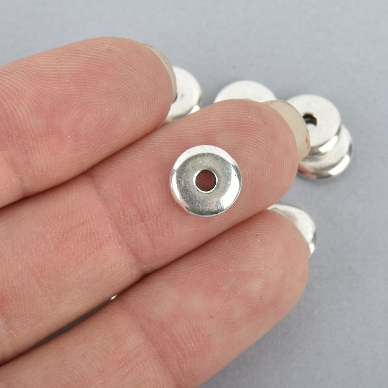 25 Silver Donut Spacer Beads Smooth Round Flat Coin Rondelle Beads 9mm bme0489a
