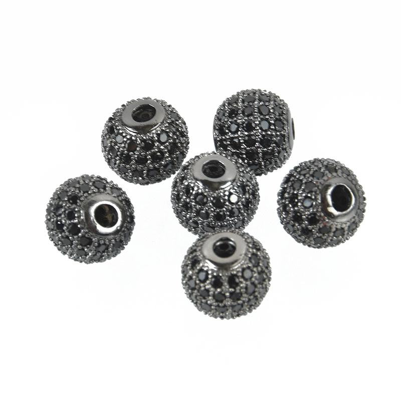 2 Gunmetal Black Micro Pave Round Beads, 10mm Metal with CZ Cubic Zirconia Crystals, bme0492