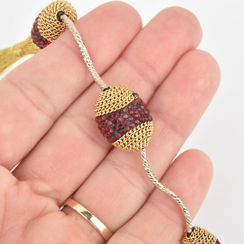 2 Red Crystal Oval Beads, Gold Micro Pave Faceted Rhinestone 20mm bme0494