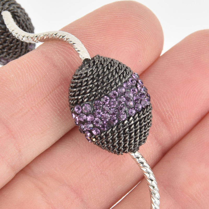 2 Purple Crystal Oval Beads, Gunmetal Micro Pave Faceted Rhinestone 20mm bme0497