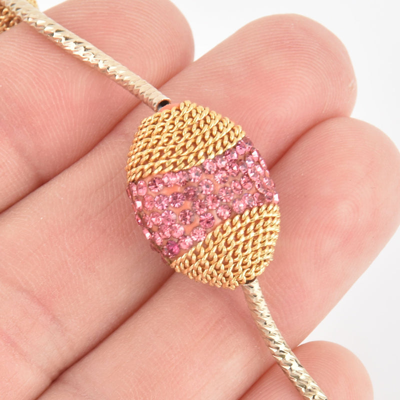 2 Pink Crystal Oval Beads, Gold Micro Pave Faceted Rhinestone 20mm bme0498