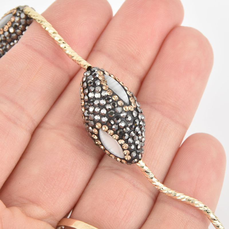 2 Crystal Oval Beads, White Cat Eye Gold Gunmetal Micro Pave Faceted Rhinestone 27mm bme0524