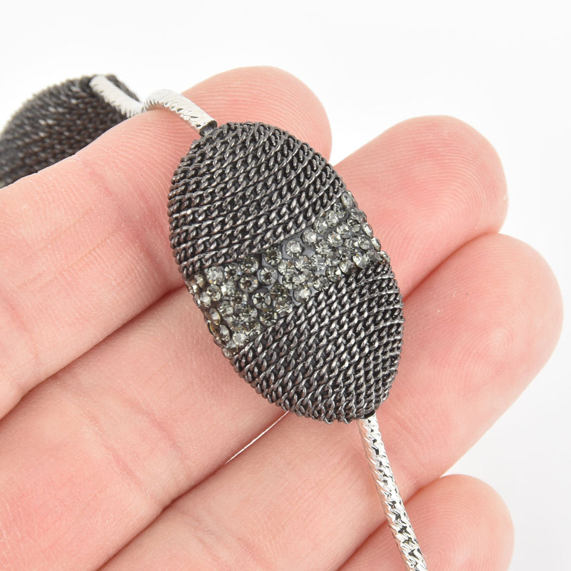 2 Black Crystal Oval Beads, Gunmetal Micro Pave Rhinestone 33mm bme0527