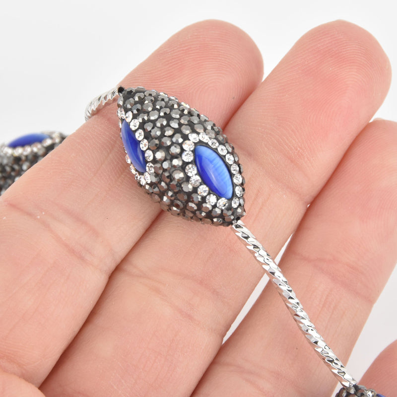 2 Crystal Oval Beads, Blue Cat Eye Silver Micro Pave Faceted Rhinestone 27mm bme0528