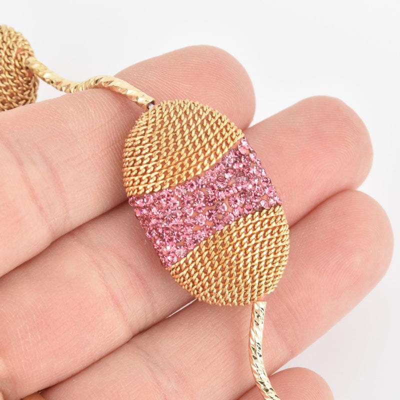 2 Pink Crystal Oval Beads, Gold Micro Pave Faceted Rhinestone 33mm bme0529