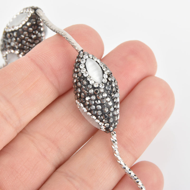 2 Crystal Oval Beads, White Cat Eye Silver Gunmetal Micro Pave Faceted Rhinestone 27mm bme0530