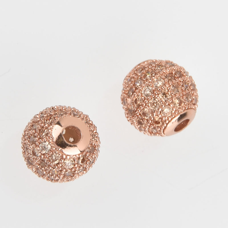 2 Rose Gold Micro Pave Round Beads, 8mm Metal with CZ Cubic Zirconia Crystals, bme0533