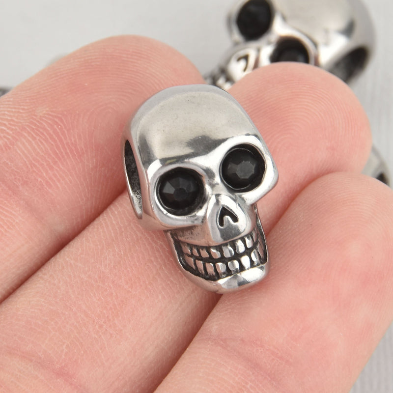 2 Stainless Steel SKULL Beads, Large Hole, black crystal eyes, for leather cord, 20mm, 8mm hole, bme0535