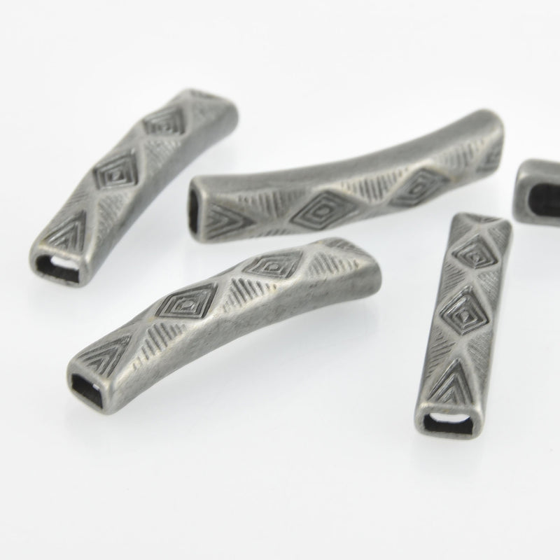 2 Gunmetal Tube Beads, Stamped Diamond Pattern, Curved Bracelet Bead, 1-1/2" bme0541