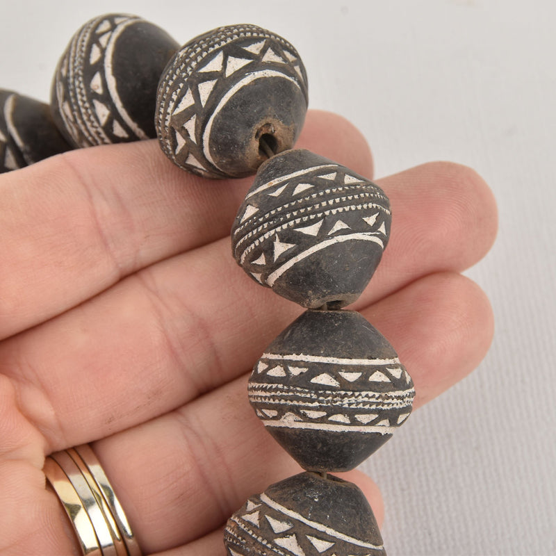 2 Black Clay Beads, African Tribal Bicone Beads, made in Mali, 23mm, bme0551