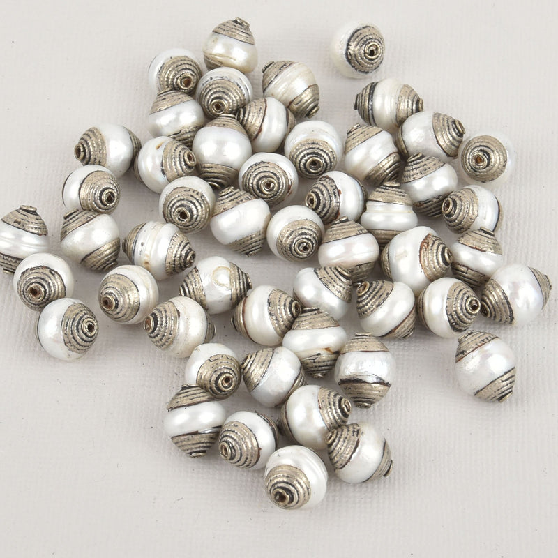 2 Pearl Gemstone Beads, Silver Bead Caps, Bicone, 13mm, bme0565