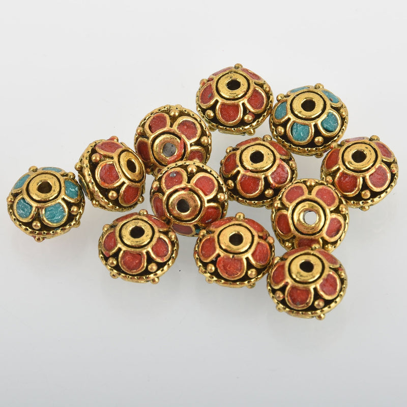 4 Brass Beads, Saucer Rondelle, Turquoise and Coral Inlay, 12mm, bme0566