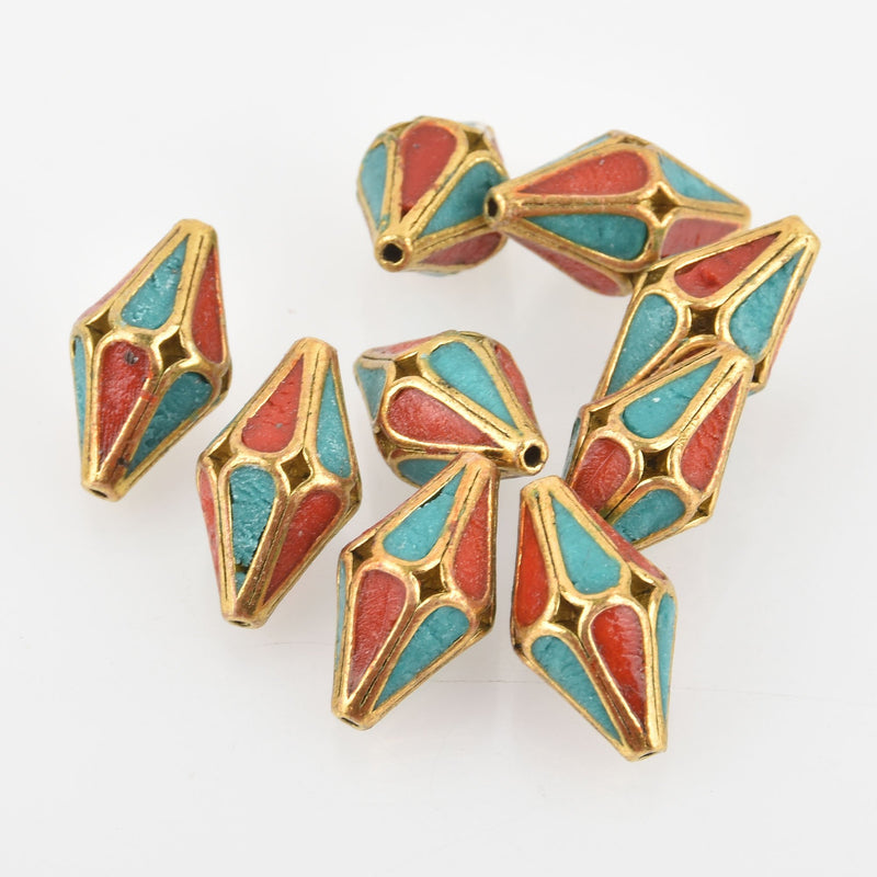 4 Brass Bicone Beads, Turquoise and Coral Inlay, 20mm, bme0567