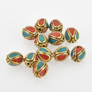 4 Brass Oval Beads, Turquoise and Coral Inlay, 11mm, bme0568