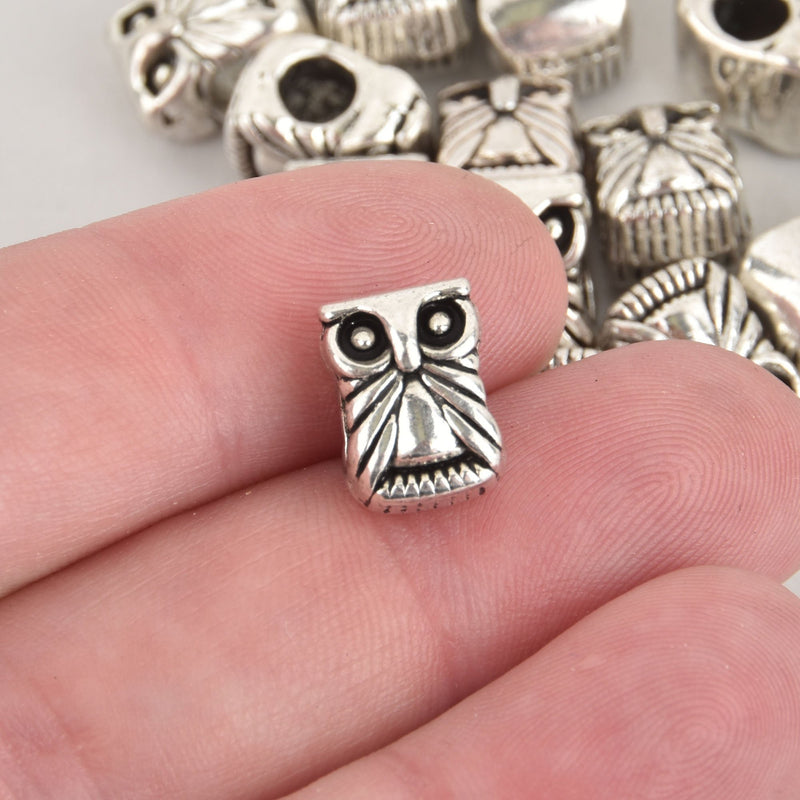 5 Silver Metal Owl Beads 12mm, large hole, bme0591