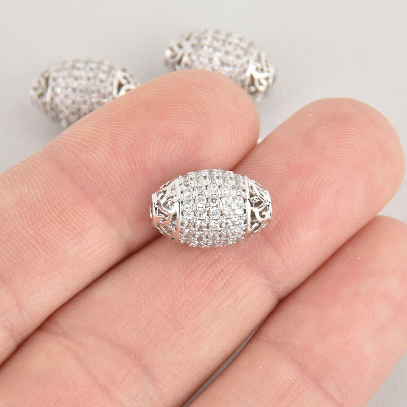 1 Silver Micro Pave Oval Bead, Metal with CZ Cubic Zirconia Crystals, 15x10mm, bme0620