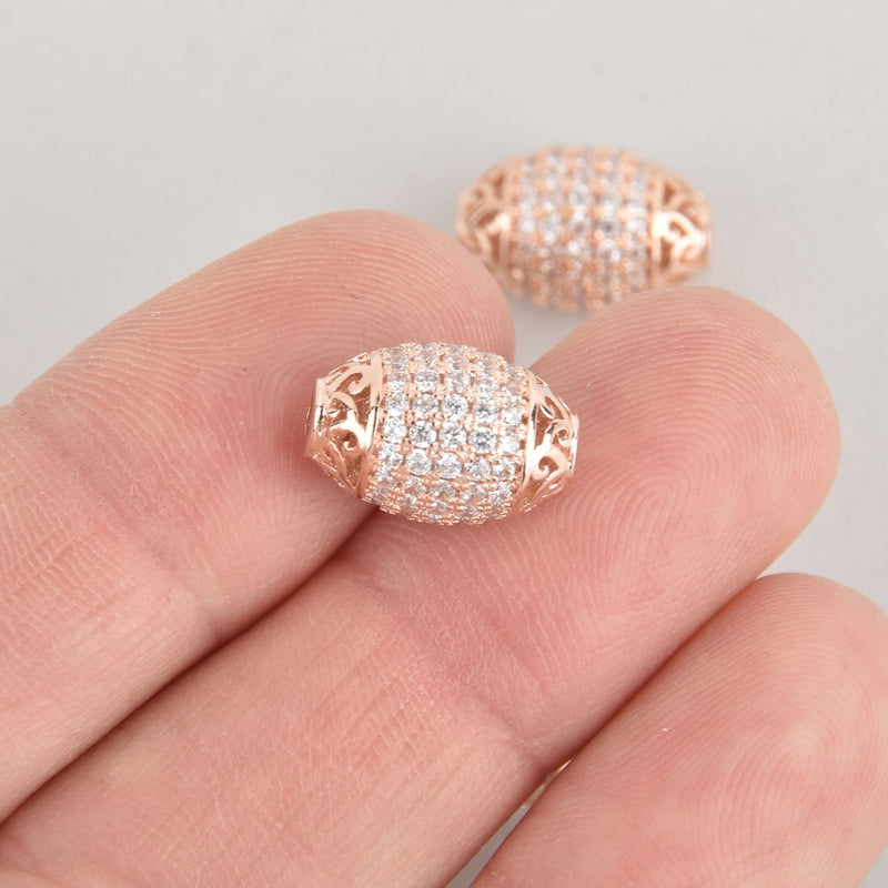 1 Rose Gold Micro Pave Oval Bead, Metal with CZ Cubic Zirconia Crystals, 15x10mm, bme0621