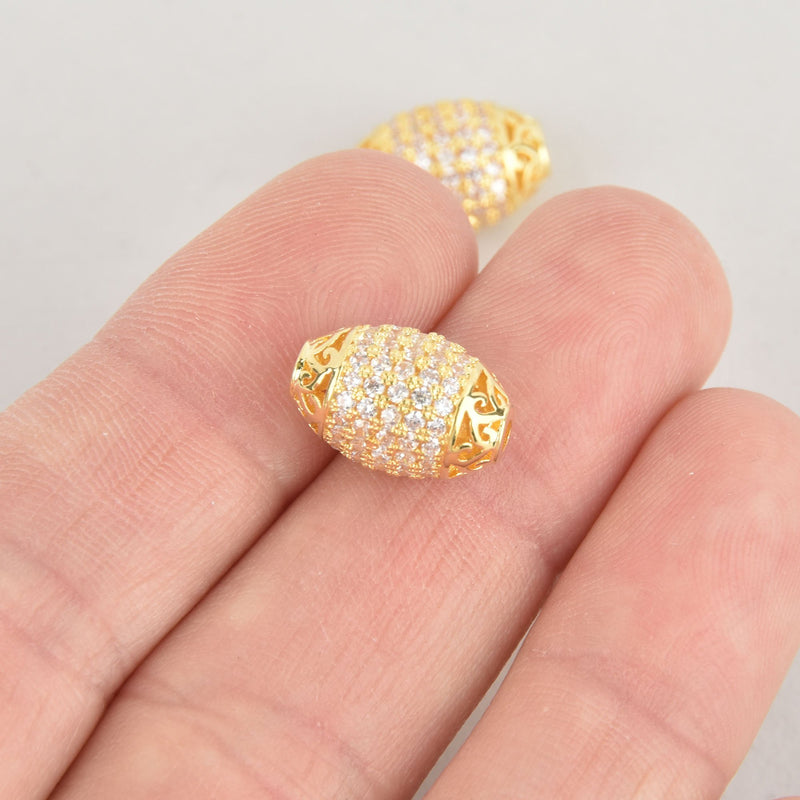 1 Gold Micro Pave Oval Bead, Metal with CZ Cubic Zirconia Crystals, 15x10mm, bme0618