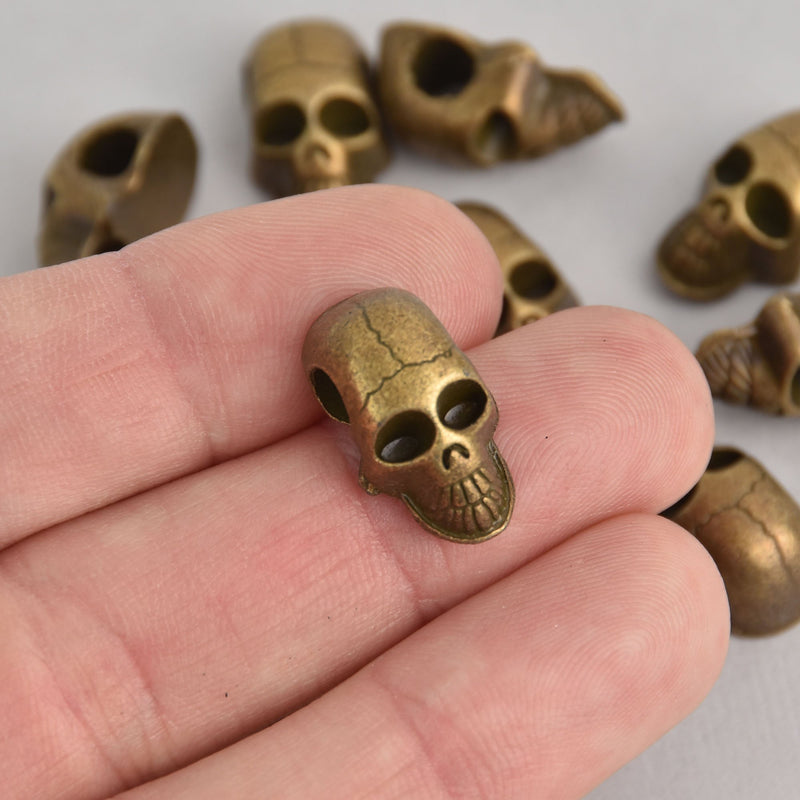 5 Bronze SKULL Beads, Large Hole, Metal, great for leather cord, 20mm