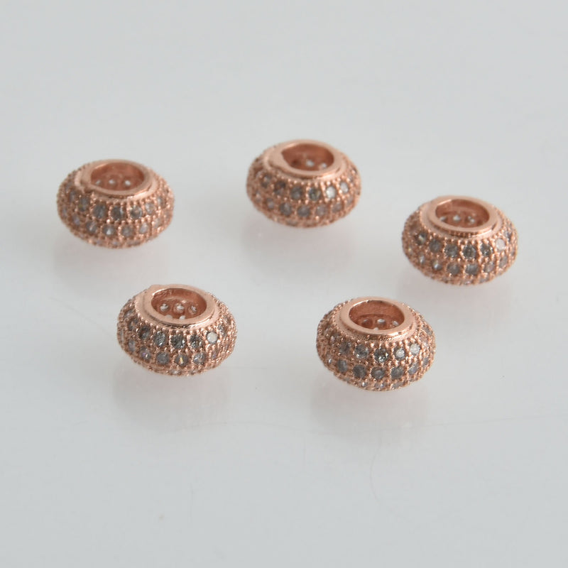 1 Rose Gold Micro Pave Rondelle Bead, Metal with CZ Cubic Zirconia Crystals, 8mm, bme0654