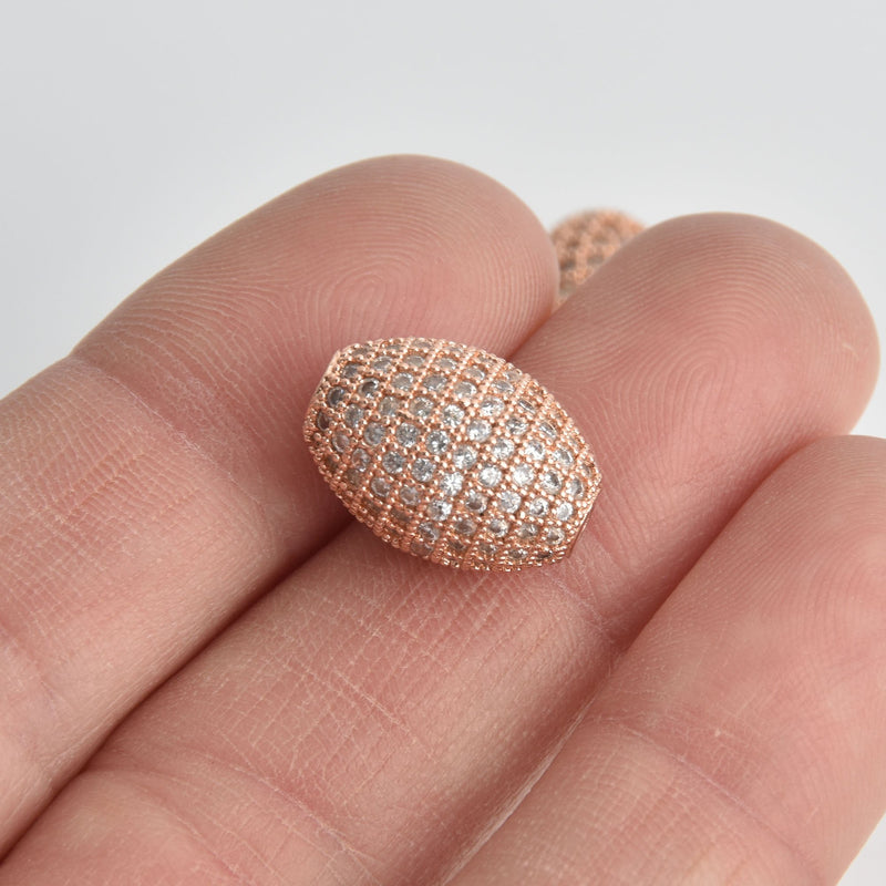 1 Rose Gold Micro Pave Oval Bead, Metal with CZ Cubic Zirconia Crystals, 17x12mm, bme0657
