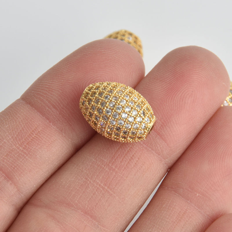 1 Gold Micro Pave Oval Bead, Metal with CZ Cubic Zirconia Crystals, 17x12mm, bme0658