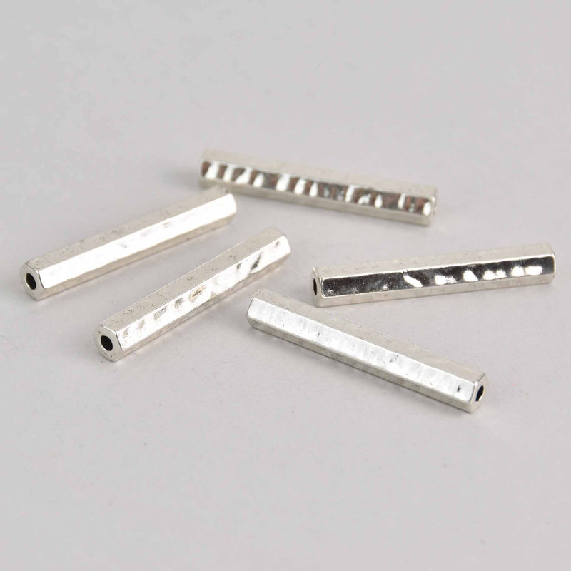 5 Silver Tube Beads, Hammered Metal Charms, 1.5" long, bme0665