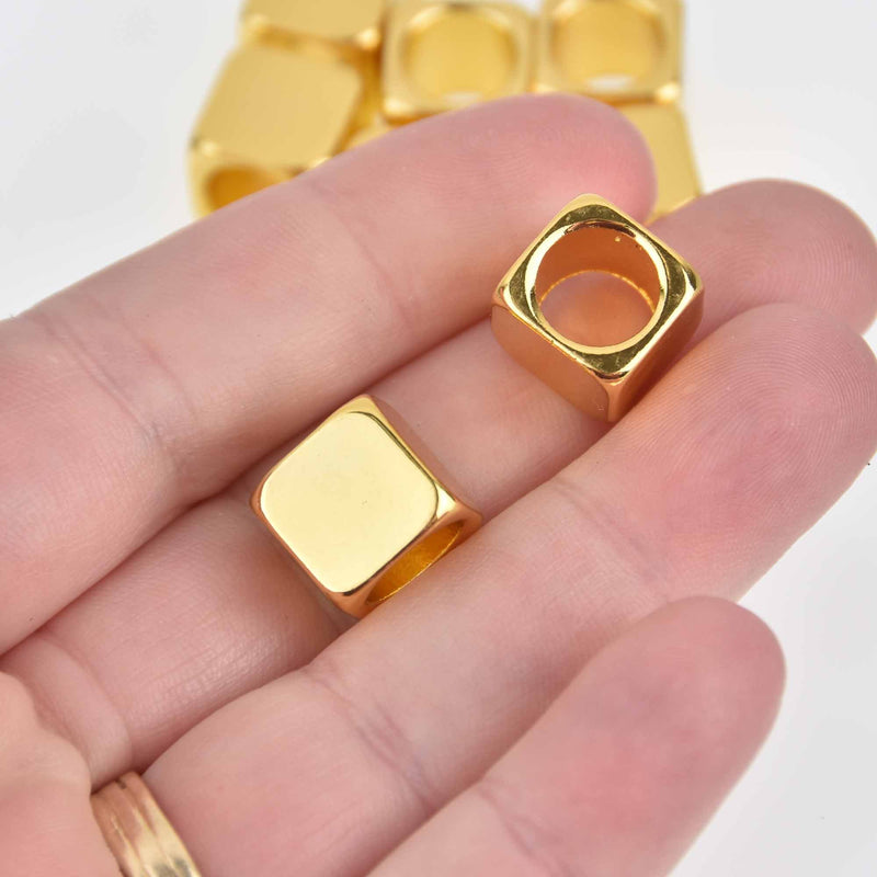 5 Gold Plated Cube Beads, Metal, Large Hole, 12mm, bme0699