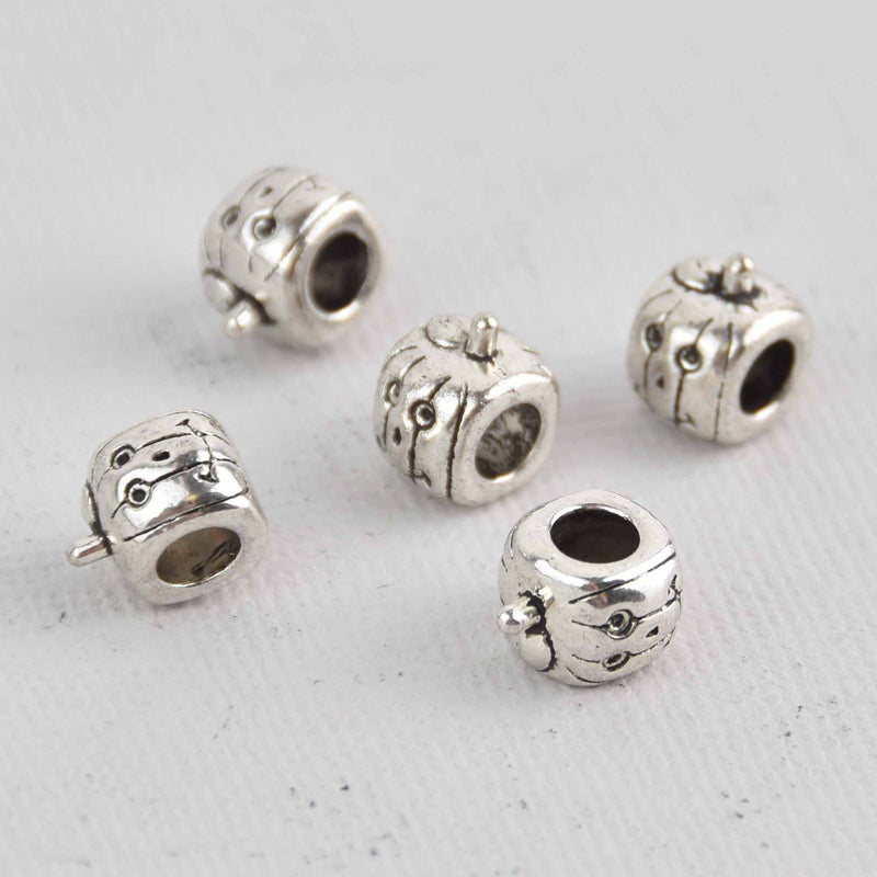 8 Silver PUMPKIN Jack-O-Lantern Beads for Halloween, metal, large hole, bme0721