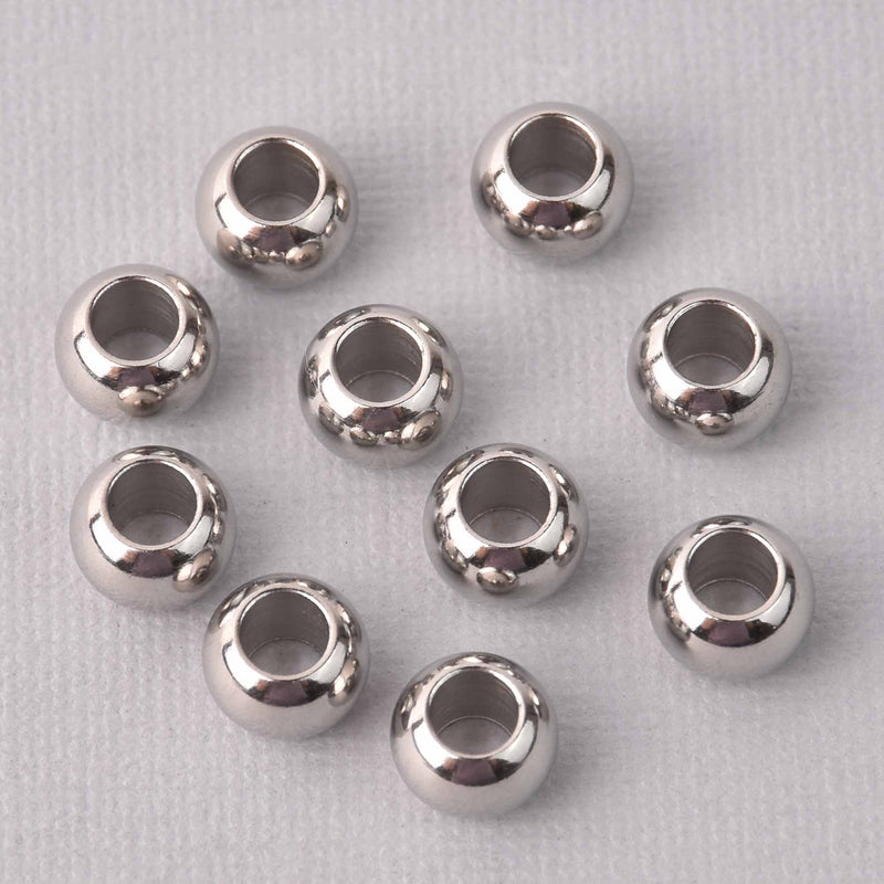 10mm Stainless Steel Beads, Large Hole, Round, Silver, 20 beads, bme0724