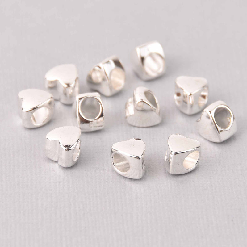 25 Silver Heart Spacer Beads, Silver Plate Metal, Large Hole, 8mm bme0726
