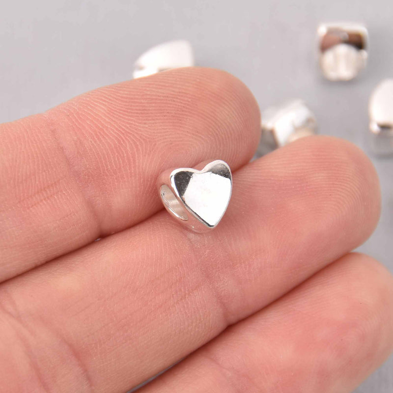 25 Silver Heart Spacer Beads, Silver Plate Metal, Large Hole, 8mm bme0726