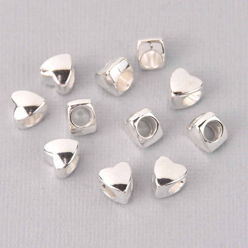 25 Silver Heart Spacer Beads, Silver Plate Metal, Large Hole, 8mm bme0726