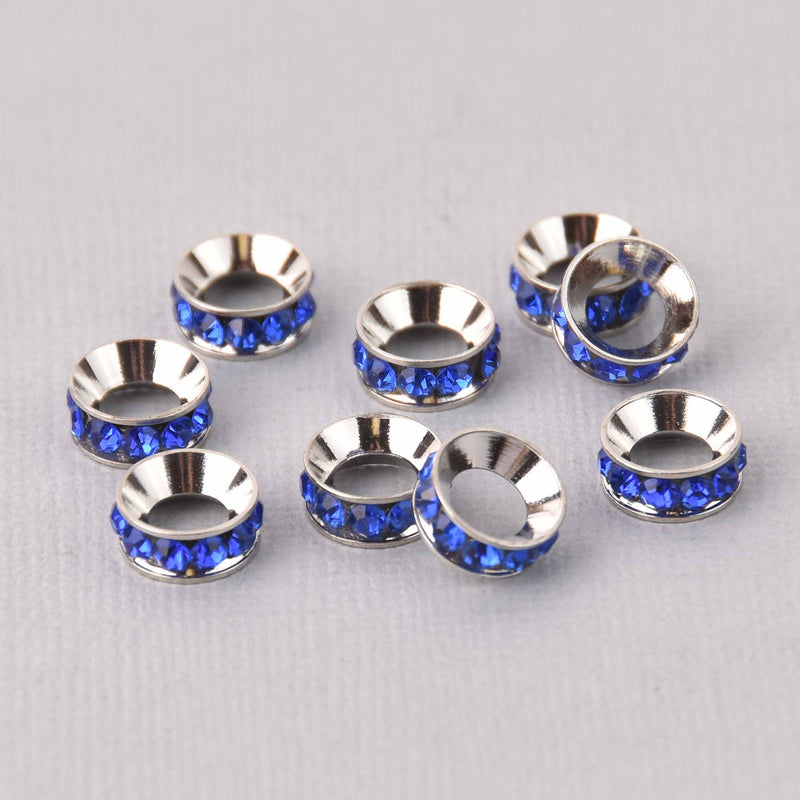 5 Blue Rhinestone Rondelle Spacers Beads 10mm Large Hole, Silver Plated, bme0732