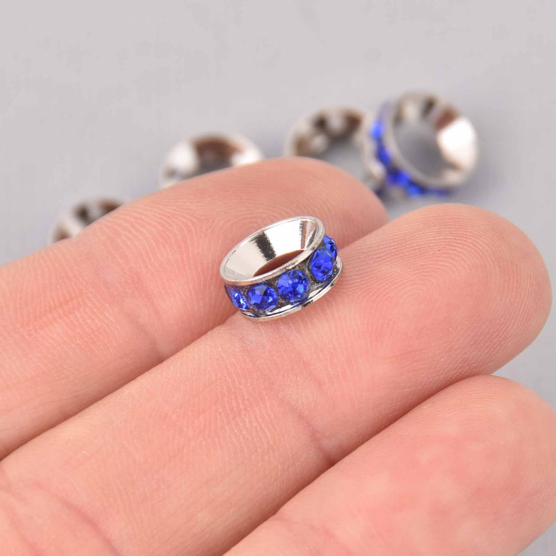 5 Blue Rhinestone Rondelle Spacers Beads 10mm Large Hole, Silver Plated, bme0732