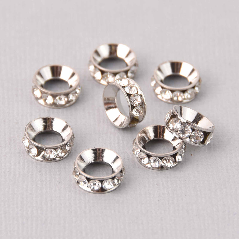 5 Rhinestone Rondelle Spacers Beads 10mm Large Hole, Silver Plated, bme0733