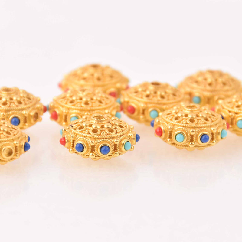 2 Gold Saucer Beads, filigree with red and blue accents, 21mm, bme0743