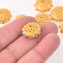 2 Gold Saucer Beads, filigree with red and blue accents, 21mm, bme0743