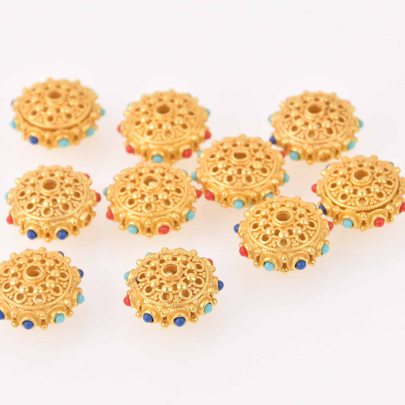 2 Gold Saucer Beads, filigree with red and blue accents, 21mm, bme0743