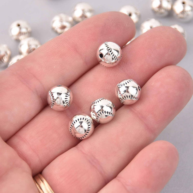 10 Silver Baseball Beads, Spacer Beads, 9mm, bme0744