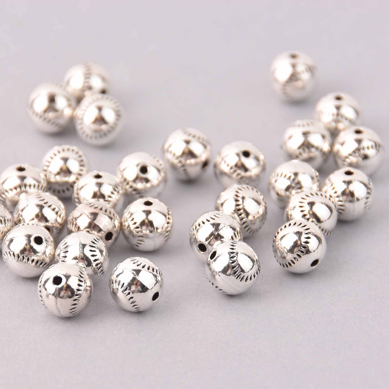 10 Silver Baseball Beads, Spacer Beads, 9mm, bme0744