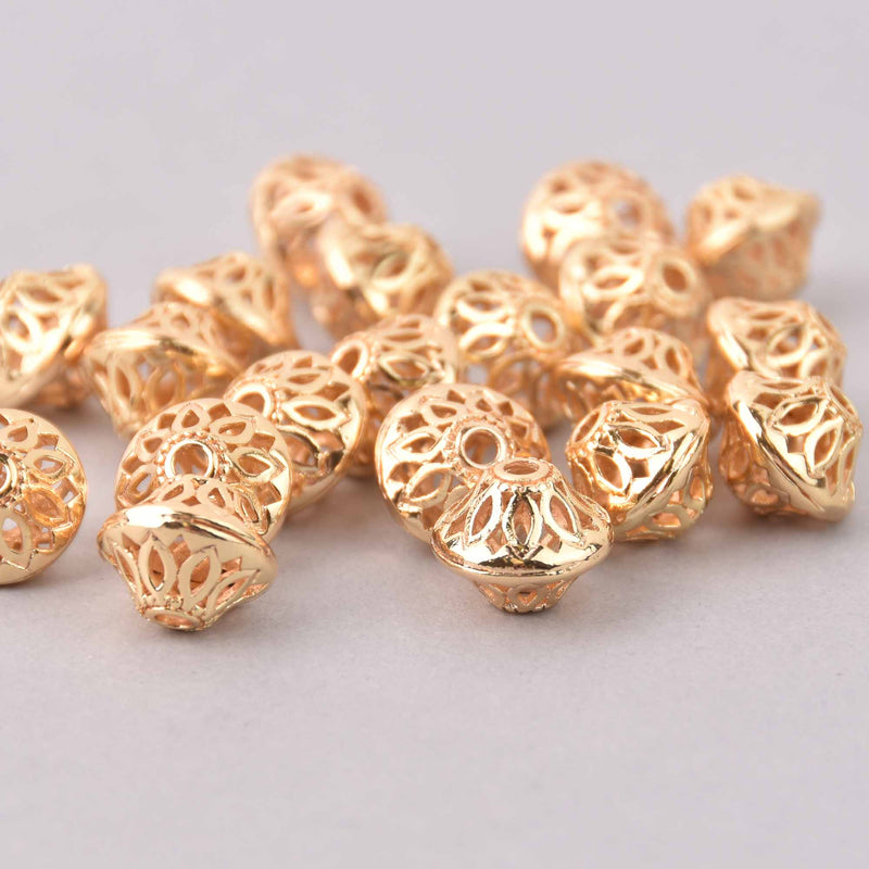 13mm Light Gold Saucer Spacer Beads, 16k real gold plated, Bicone, 4 beads, bme0750