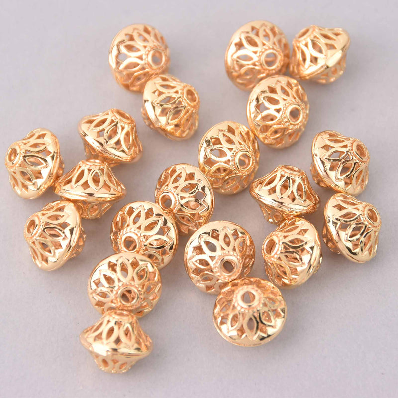 13mm Light Gold Saucer Spacer Beads, 16k real gold plated, Bicone, 4 beads, bme0750