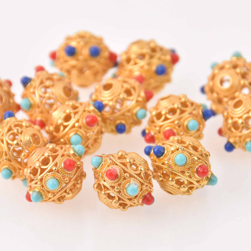 2 Gold Round Saucer Beads, filigree with red and blue enamel, 18mm, bme0751