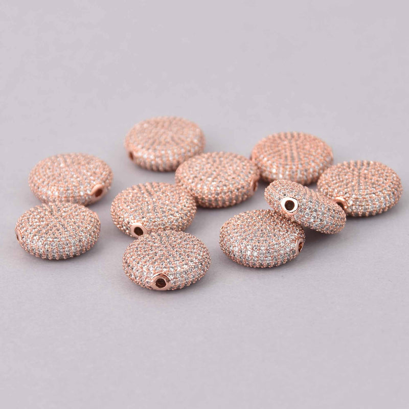 1 Rose Gold Micro Pave Coin Beads 16mm Brass with CZ Crystals, bme0753