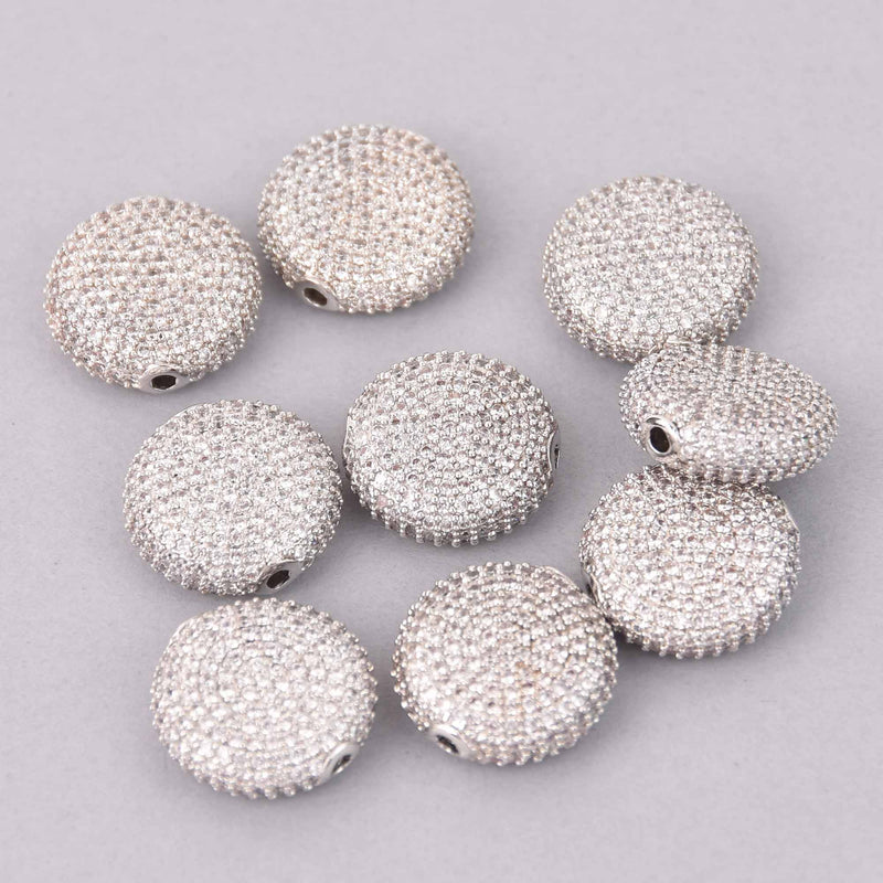 1 Silver Micro Pave Coin Beads 16mm Brass with CZ Crystals, bme0754
