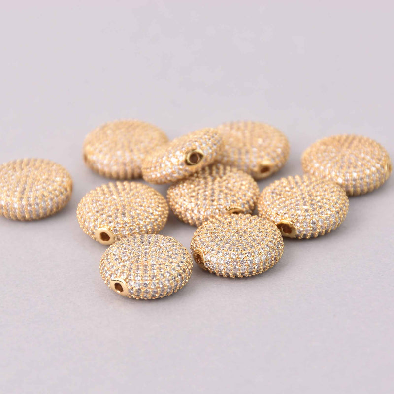 1 Gold Micro Pave Coin Beads 16mm Brass with CZ Crystals, bme0756