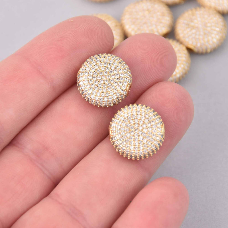 1 Gold Micro Pave Coin Beads 16mm Brass with CZ Crystals, bme0756