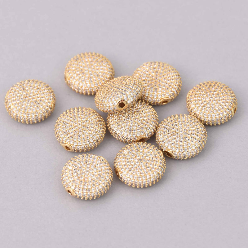 1 Gold Micro Pave Coin Beads 16mm Brass with CZ Crystals, bme0756